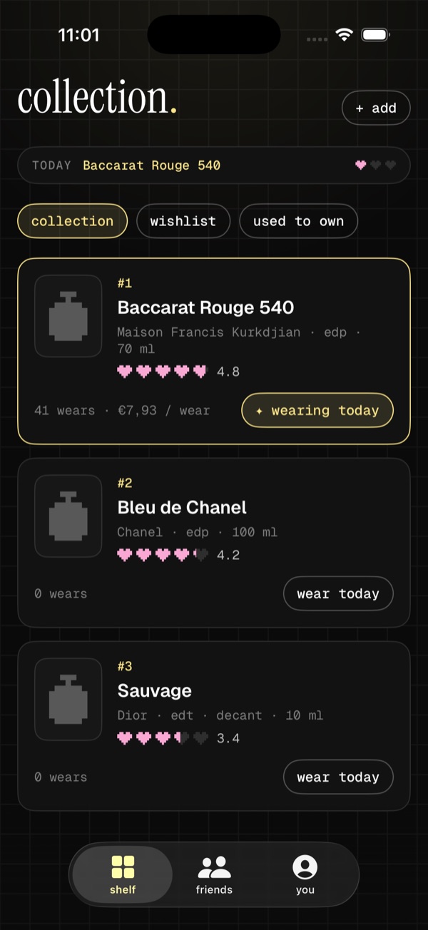 the collection in dark mode, with today's perfume highlighted